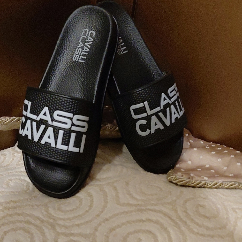 Cavalli Class Black Slide Sandals with White Logo.    NWOT
